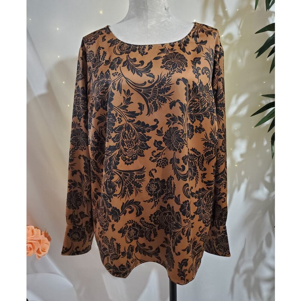 Soft Surroundings Womens Satin Damask Floral Blouse Size 2X Victorian Gothic Top